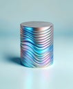 A three-dimensional cylinder object from a neon holographic material on light blue background. Empty circular podium