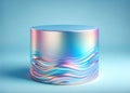 A three-dimensional cylinder object from a neon holographic material on light blue background. Empty circular podium