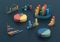 Three-dimensional data visualizations featuring various chart types