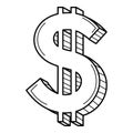 A three-dimensional dollar symbol. American currency. Linear icon, sign. Hand-drawn black and white vector illustration. Isolated