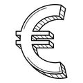 Three-dimensional euro symbol. The European currency. Linear icon, sign. Hand-drawn black and white vector illustration. Isolated