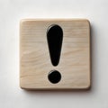 A three-dimensional exclamation mark with a black outline on a wooden square background in the form of a cube.