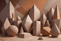 Three dimensional geometric shapes and forms, in a monochromatic brown tone, including spheres, cubes, pyramids, and complex