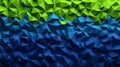 Three-dimensional geometric triangular background in lime green and metallic blue.