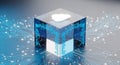 Futuristic digital cloud computing data center cube with glowing circuits and server infrastructure visualization Royalty Free Stock Photo