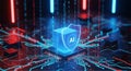 Futuristic AI technology concept with glowing digital shield and circuit board design elements Royalty Free Stock Photo