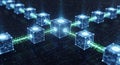 Three dimensional glowing digital cubes with binary code and data particles floating in cyber space Royalty Free Stock Photo