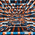 A three-dimensional grid of cubes rotating and shifting, creating an optical illusion of depth and movement, challenging the vie