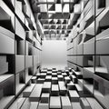 A three-dimensional grid of cubes rotating and shifting, creating an optical illusion of depth and movement, challenging the vie