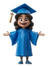 Three dimensional happy women with black hair joyfully spread her arms. Women wearing graduation cap and gown. Character