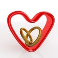 Three-dimensional heart and rings pair over white. Vale Royalty Free Stock Photo