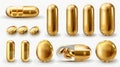 Three-dimensional illustration of cosmetic capsules with oil and gold oval pills on transparent background. Cosmetics Royalty Free Stock Photo