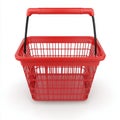 A three-dimensional image of a red shopping basket set on a white backdrop. Royalty Free Stock Photo