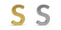 Three dimensional letter S made in two types of materials - gold, aluminum - on white background