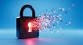 Digital security concept with glowing padlock icon releasing binary code and data particles in cyber theme Royalty Free Stock Photo