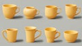 Three-dimensional mockup of porcelain teacups, blank yellow ceramic mugs with shadows in side view. Modern realistic set