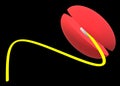 A three dimensional model image of a bright red 2A looping yoyo with bright yellow string black backdrop