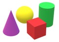 Three dimensional models of a purple pink cone yellow sphere red square and green cylinder white backdrop