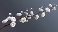 Three dimensional modern illustration of realistic cotton branches with flowers, beautiful plant with white blossoms