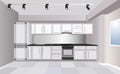 Three dimensional modern white color kitchen with fridge, stove and large space