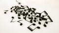 three-dimensional notes are scattered on a white background. musical concept. 3d render Royalty Free Stock Photo