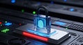 Digital security concept with glowing fingerprint lock on circuit board representing cyber protection and data privacy Royalty Free Stock Photo