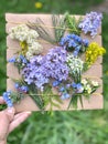 Picture panel made of natural material, flowers and grass, kids craft,