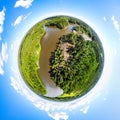 A three dimensional panoramic view of of rapid Ahvionkoski at Kymijoki river, Finland, in a mini planet panorama style