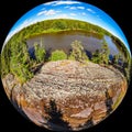 A three dimensional panoramic view of of rapid Ahvionkoski at Kymijoki river, Finland, in a mini planet panorama style