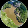 A three dimensional panoramic view of of rapid Ahvionkoski at Kymijoki river, Finland, in a mini planet panorama style