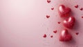 Three-dimensional pink hearts on a romantic pink background. Free space.