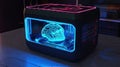 Three dimensional printing machine,3D glass cube making blue neon color brain. Blue lights, future technologies. AI