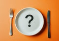 A three-dimensional question mark in three dimensions on a white plate with a fork and knife isolated on an orange background. Royalty Free Stock Photo