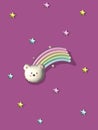 Three-dimensional rainbow bear on a pink sky decorated with stars.