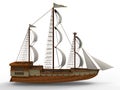 Three-dimensional raster illustration of an ancient sailing ship on a white background with soft shadows. 3d rendering Royalty Free Stock Photo