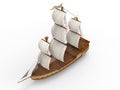 Three-dimensional raster illustration of an ancient sailing ship on a white background with soft shadows. 3d rendering Royalty Free Stock Photo