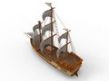 Three-dimensional raster illustration of an ancient sailing ship on a white background with soft shadows. 3d rendering Royalty Free Stock Photo