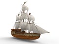 Three-dimensional raster illustration of an ancient sailing ship on a white background with soft shadows. 3d rendering Royalty Free Stock Photo