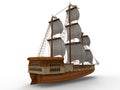 Three-dimensional raster illustration of an ancient sailing ship on a white background with soft shadows. 3d rendering Royalty Free Stock Photo