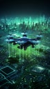 Drone Hovering over a Binary Code Landscape - A Three-Dimensional Render for Tech Concepts Royalty Free Stock Photo