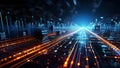 3d render of intricate network of fibre optics with a pulse of glow