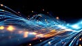 3d render of intricate network of fibre optics with a pulse of glow