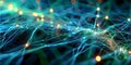 3d render of intricate network of fibre optics with a pulse of glow