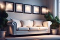 Three dimensional render of white sofa with empty picture frames hanging behind