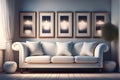 Three dimensional render of white sofa with empty picture frames hanging behind