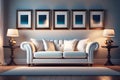 Three dimensional render of white sofa with empty picture frames hanging behind