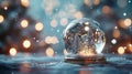 Three-dimensional rendering of an abstract winter Christmas background with an empty crystal snow globe.