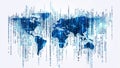Three-dimensional rendering of a digital world map with binary code on a white background. Royalty Free Stock Photo