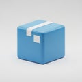 A simple blue cube shaped package with white tape and a small square label on a light gray background Royalty Free Stock Photo