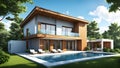 Three dimensional render of a modern ecological residential house Royalty Free Stock Photo